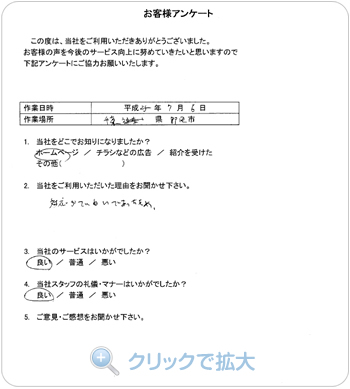 お客様アンケート：千葉県野田市のお客様